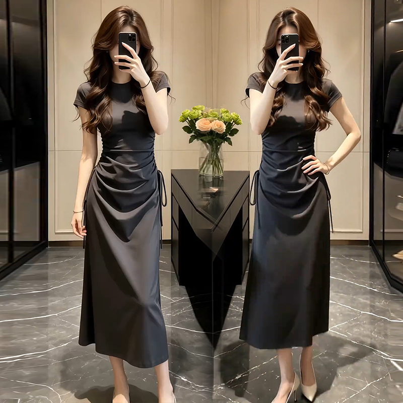 French-Style Short-Sleeved Dress for Women, 2026 Summer New Style, Elegant and Beautiful Design, Drawstring Waist, Long Dress