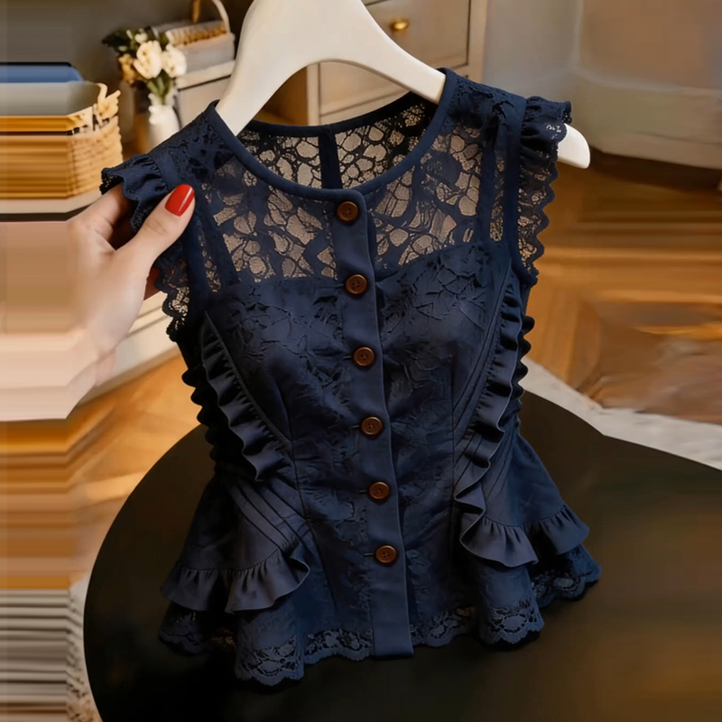 2026 Summer New Lace Patchwork Ruffle Blouse for Women, Commuter Style with a High-End Design and Elegant Temperament