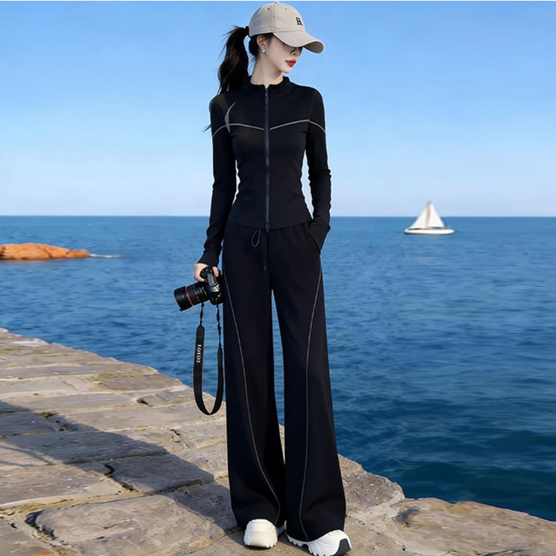 Casual Sports Suit for Women 2026 Autumn New Stylish Slim-Fit Stand-Collar Cardigan Jacket and Wide-Leg Pants Two-Piece Set Casual Sports Suit for Women 2026 Autumn New Stylish Slim-Fit Stand-Collar Cardigan Jacket and Wide-Leg Pants Two-Piece Set