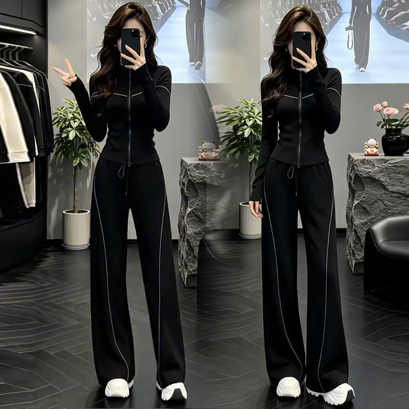 Fashionable Casual Suit for Women 2026 Autumn New Stylish Stand-Up Collar Cardigan Jacket Wide-Leg Pants Sporty Two-Piece Set