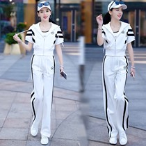 Short-sleeved casual suit for women 2023 summer new style slimming age-reducing sweatshirt wide-leg pants sportswear two-piece set