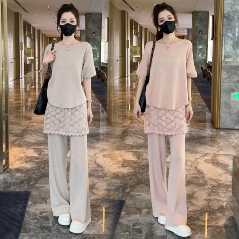 Fashionable Knitted Set for Women 2026 Summer New Stylish Loose Knit Top with Skirted Hem and Wide-Leg Pants Two-Piece Trendy Set