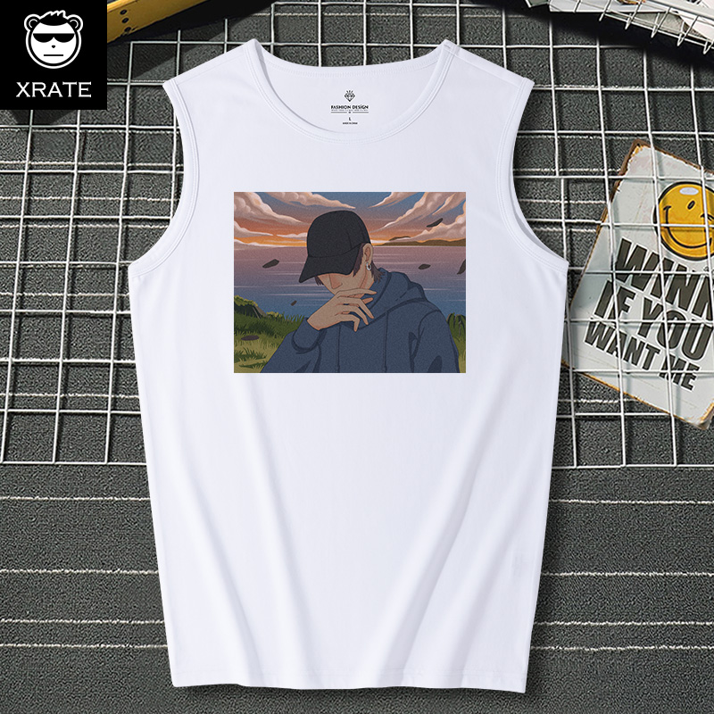 Tay nam t-shirt lỏng thủy triều thương hiệu in cổng gió vai mùa hè kỳ nghỉ bãi biển bãi biển nhanh khô thể thao bông vest