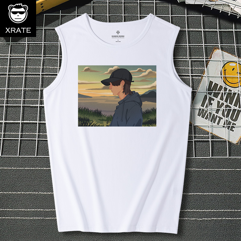 Tay nam t-shirt lỏng thủy triều thương hiệu in cổng gió vai mùa hè kỳ nghỉ bãi biển bãi biển nhanh khô thể thao bông vest