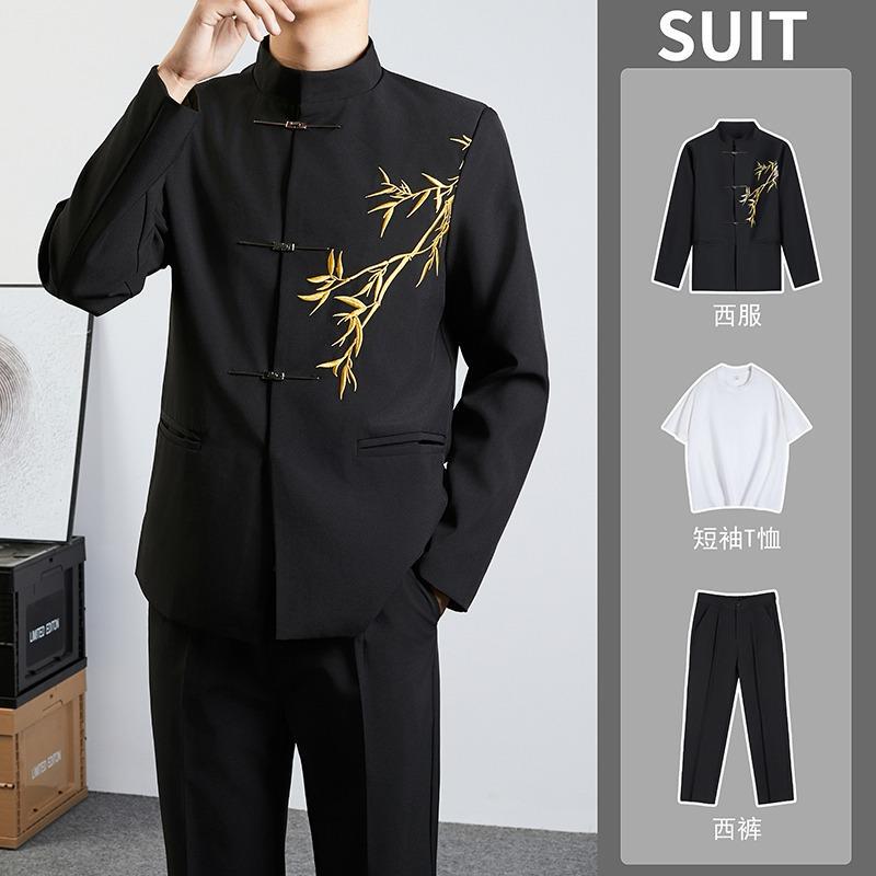 Spring and Autumn New Chinese-Style Improved Zhongshan Suit, Handsome Blazer for Men, Bamboo Embroidery Suit, Stand-Up Collar Tang Suit
