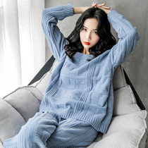 New soft pajamas womens autumn and winter solid color Net red wool knitted home clothing thickened soft two-piece set