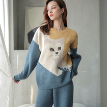 2020 Autumn Winter New Pyjamas Woman Soft Cotton Knit Wool Thread Suit Cartoon Splicing Home Suit Suit External Wear