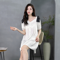 2022 New Sleeping Dress Womens Summer Ice Silk Sexy Slim Short Sleeves White Sweet Mesh Red Mid pyjamas