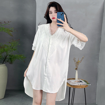 2022 New Sleeping Dress Womens Summer Ice Silk Thin SENIOR SENSE HOME Sexy Pure Desire Wind Shirt Pajamas