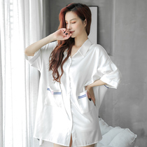 2020 New Pint Pyjamas Womens Summer Ice Silk Sexy Boyfriend Wind Printed White Shirt long The home dress can be worn out