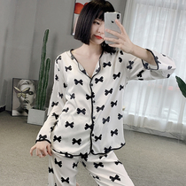 2021 new pajamas summer thin white full print bow two-piece Ice Silk pajamas womens home wear