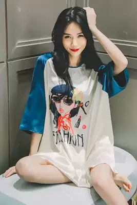 2021 new pajamas women's summer leisure ice silk nightdress loose large size medium and long version cartoon pregnant women home clothing tide