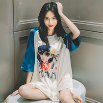2021 new pajamas womens summer leisure ice silk nightdress loose size long cartoon pregnant women home clothing tide