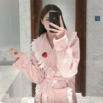 New strawberry sleepwear womans winter long Coral velvet bathing suit Bathrobe Womens long Thickened Flannel suede jacket