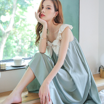 2022 New Sleeping Dress Womens Summer Day Department Sweet Ice Silk Slim Bow Tie in long Comfort Harness Sleeping Clot