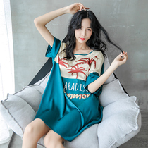 Nightdress summer Thin Ice Silk Korean version of Coconut Island holiday nightgown summer ice silk pajamas home clothes travel wind outside wear