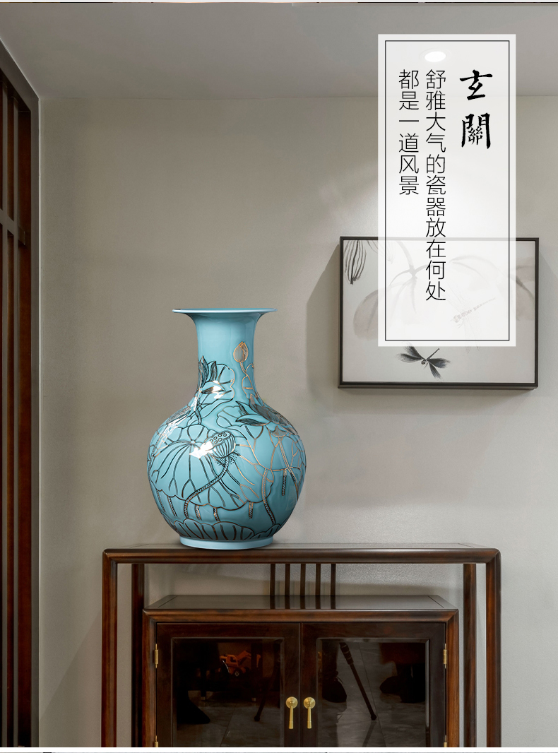 Jingdezhen porcelain ceramic light blue glaze hand - made paint the big vase furnishing articles of key-2 luxury household living room TV cabinet decoration