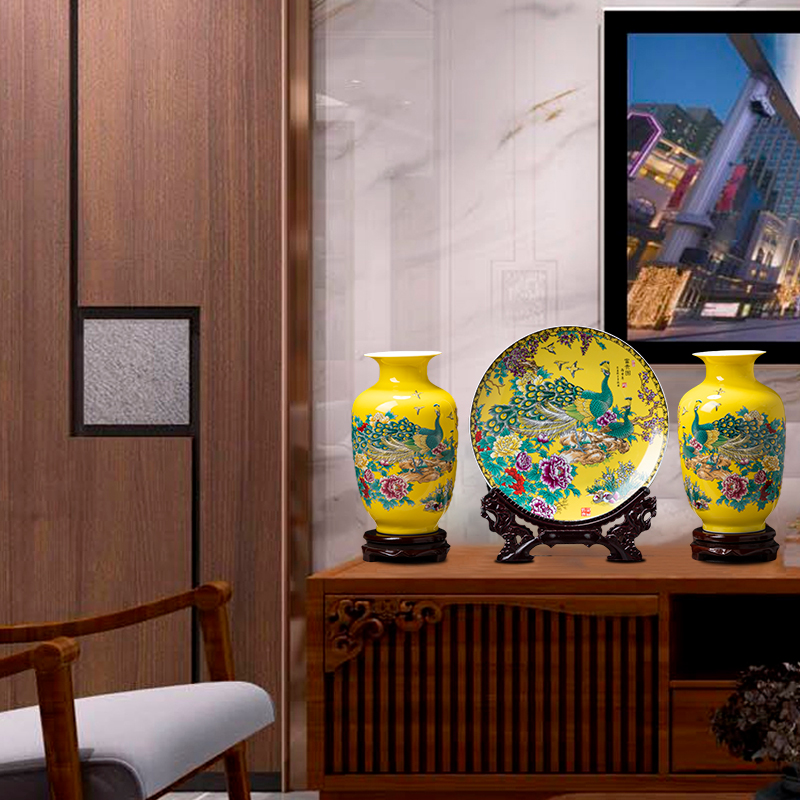 Jingdezhen porcelain ceramic three - piece insert peacock vase yellow for bottles of the sitting room of Chinese style household adornment furnishing articles