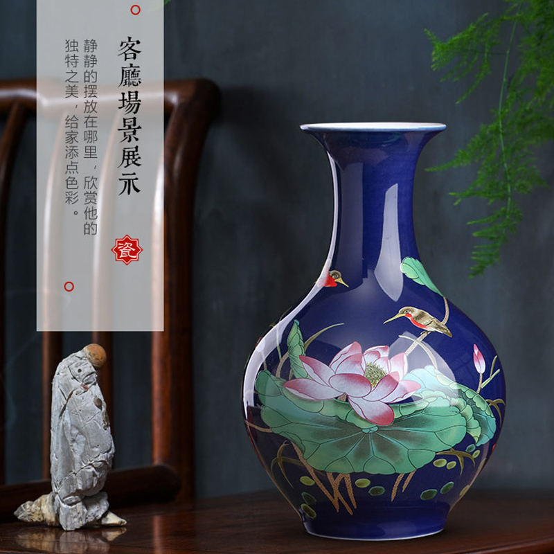 Jingdezhen ceramics golden pheasant blue small vases, flower arranging place, Chinese style household living room TV cabinet decoration