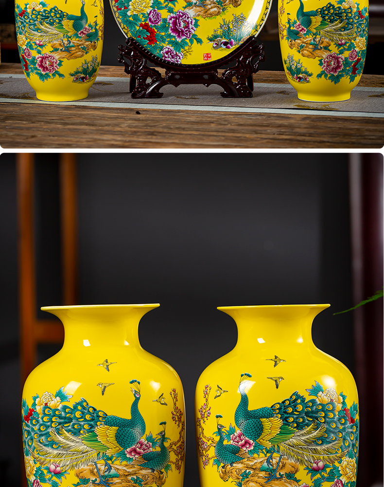 Jingdezhen porcelain ceramic three - piece insert peacock vase yellow for bottles of the sitting room of Chinese style household adornment furnishing articles