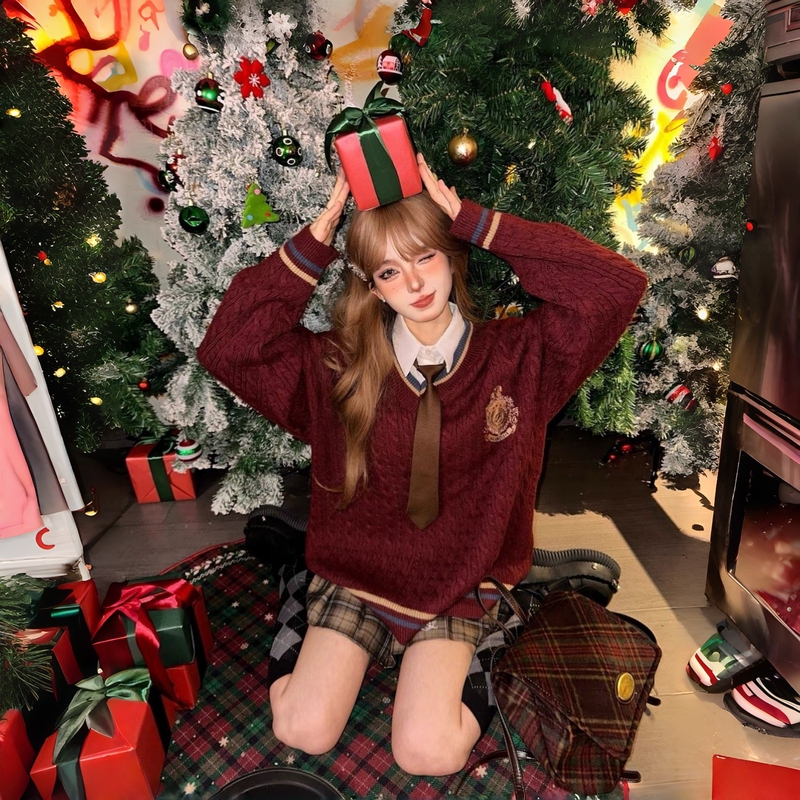 Christmas Universal Studios Red Sweater Outfit with a Disney Vibe, American College Style Jk Uniform Christmas Universal Studios Red Sweater Outfit with a Disney Vibe, American College Style Jk Uniform