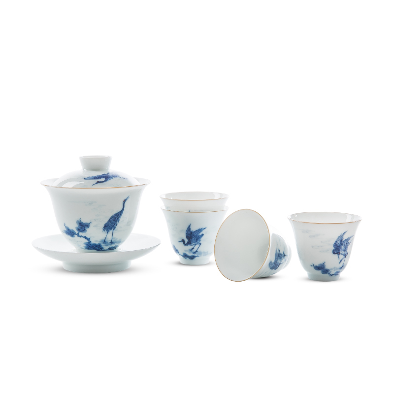 The Escape this hall jingdezhen blue and white pine crane, hand - made ceramic tureen tea cups set three tureen tea bowl of kung fu tea set