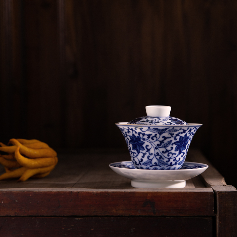 Jingdezhen escape this hall three tureen teacup only pure hand - made bound lotus flower blue and white porcelain tea set tea bowl of ceramics
