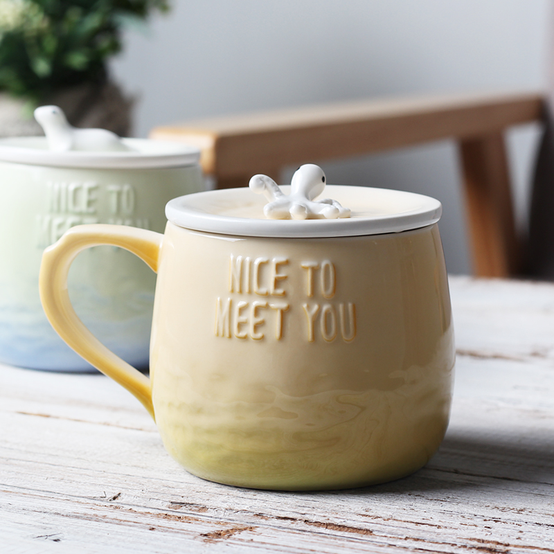 Creative ceramic cups with cover mark office coffee cup move couples cup breakfast cup to the voice of the sea gradient