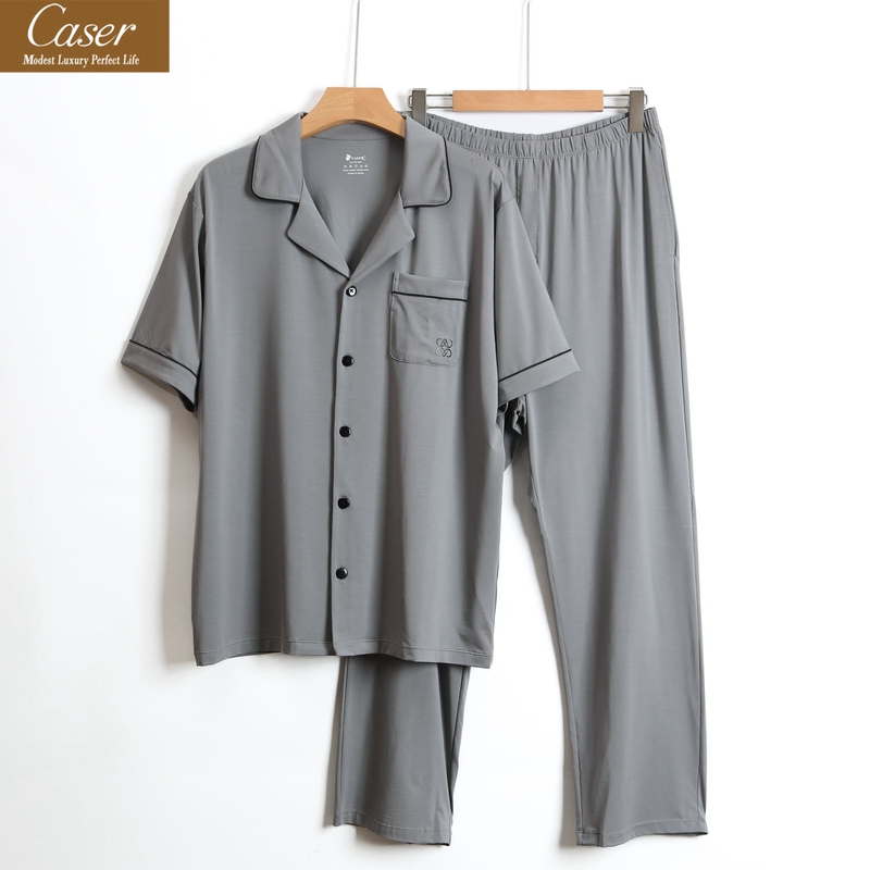 Caesar Underwear Men's Pajamas Cold-Dyed Mercerized Cardigan Short-Sleeve Long Pants Set Spring and Summer Modal Loungewear
