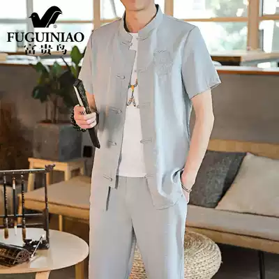 Fugui Bird Round Neck Short Sleeve Shirt Set Men's Summer Chinese Style Vintage Tang Dress Casual Shirt Two Piece Set