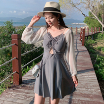 Swimsuit womens summer 2021 new conservative long-sleeved sunscreen cover belly slimming one-piece fashion hot spring fairy small chest seaside