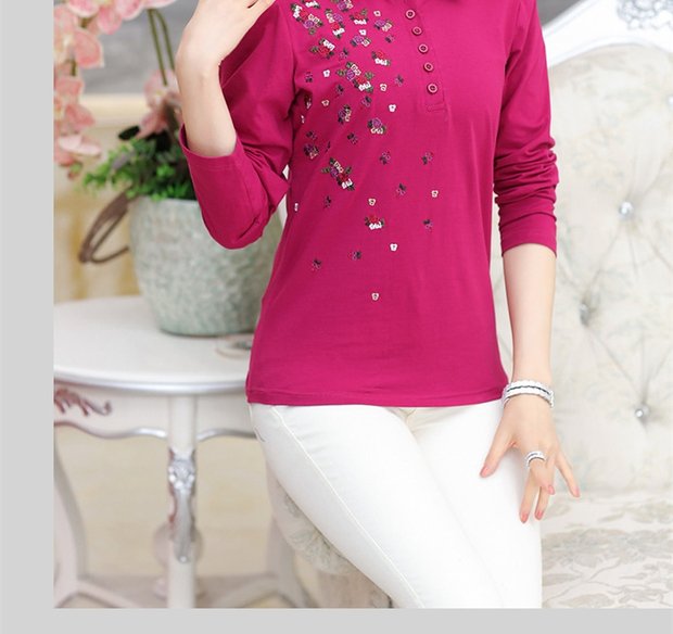 Mùa xuân mới thêu áo thun cotton cho mẹ trung niên với áo sơ mi dài tay giản dị 40-50 tuổi váy đầm cho người 60 tuổi
