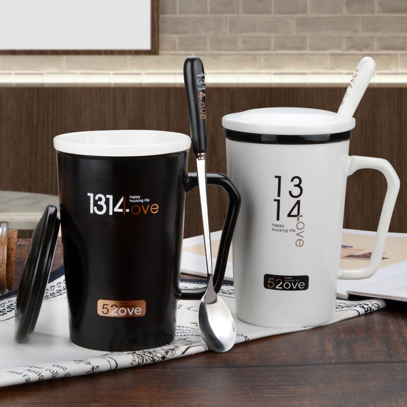 Creative cup 1314 personality simple ceramic cup Water cup Couple mug Pair cup Coffee cup with lid spoon