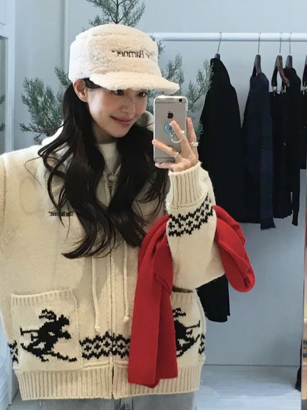 South Korea's Dongdaemun Th*Bar*Net New Autumn Product 100% Wool Hooded Knitted Sweater Cardigan Jacket