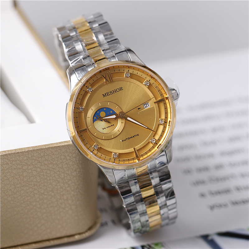 Authentic Meshor Men's Watch, Men's Automatic Mechanical Watch, Luminous, Waterproof, Business, Moon Phase, Calendar 9065
