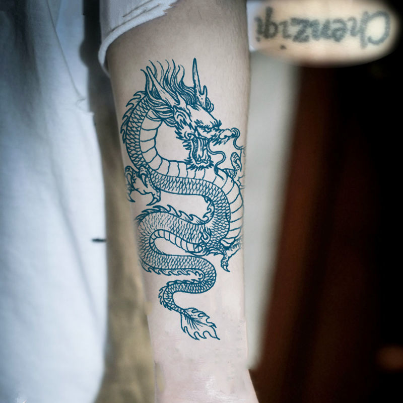 Tattoo Stickers with Blue Dragon and Green Dragon Designs, Waterproof, Long-Lasting, for Men and Women, Chest and Back Dragon Totem Flower Arm Tattoo Stickers