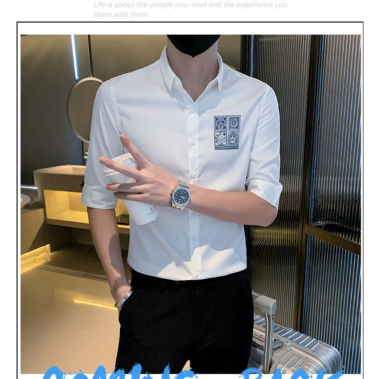 Джинсовая рубашка frying pan男士七分袖衬衫夏季薄款冰丝棉刺绣方领衬衣修身痞帅潮 OTHER