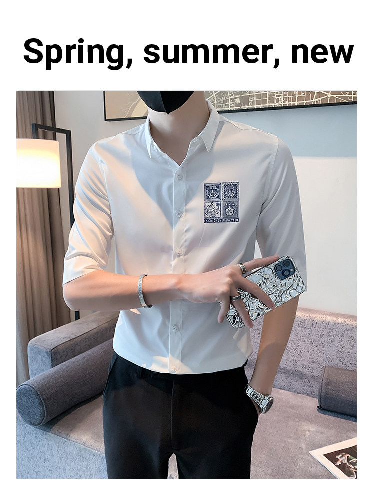 Джинсовая рубашка frying pan男士七分袖衬衫夏季薄款冰丝棉刺绣方领衬衣修身痞帅潮 OTHER