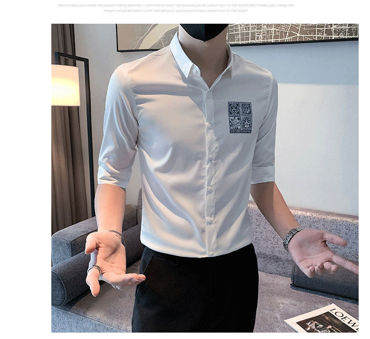 Джинсовая рубашка frying pan男士七分袖衬衫夏季薄款冰丝棉刺绣方领衬衣修身痞帅潮 OTHER