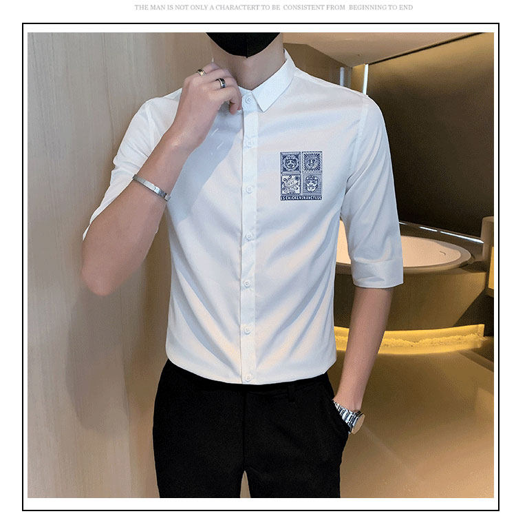 Джинсовая рубашка frying pan男士七分袖衬衫夏季薄款冰丝棉刺绣方领衬衣修身痞帅潮 OTHER