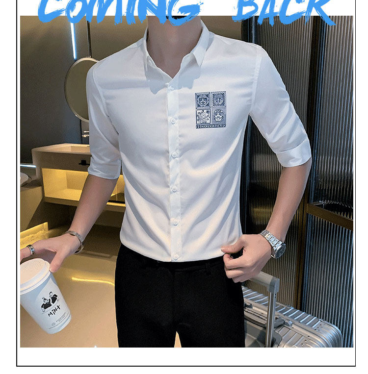 Джинсовая рубашка frying pan男士七分袖衬衫夏季薄款冰丝棉刺绣方领衬衣修身痞帅潮 OTHER