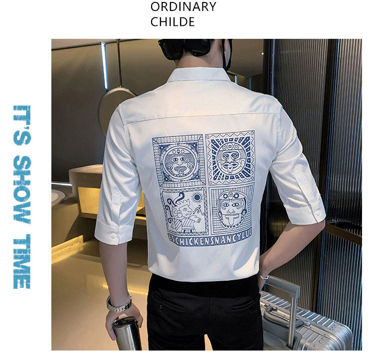 Джинсовая рубашка frying pan男士七分袖衬衫夏季薄款冰丝棉刺绣方领衬衣修身痞帅潮 OTHER