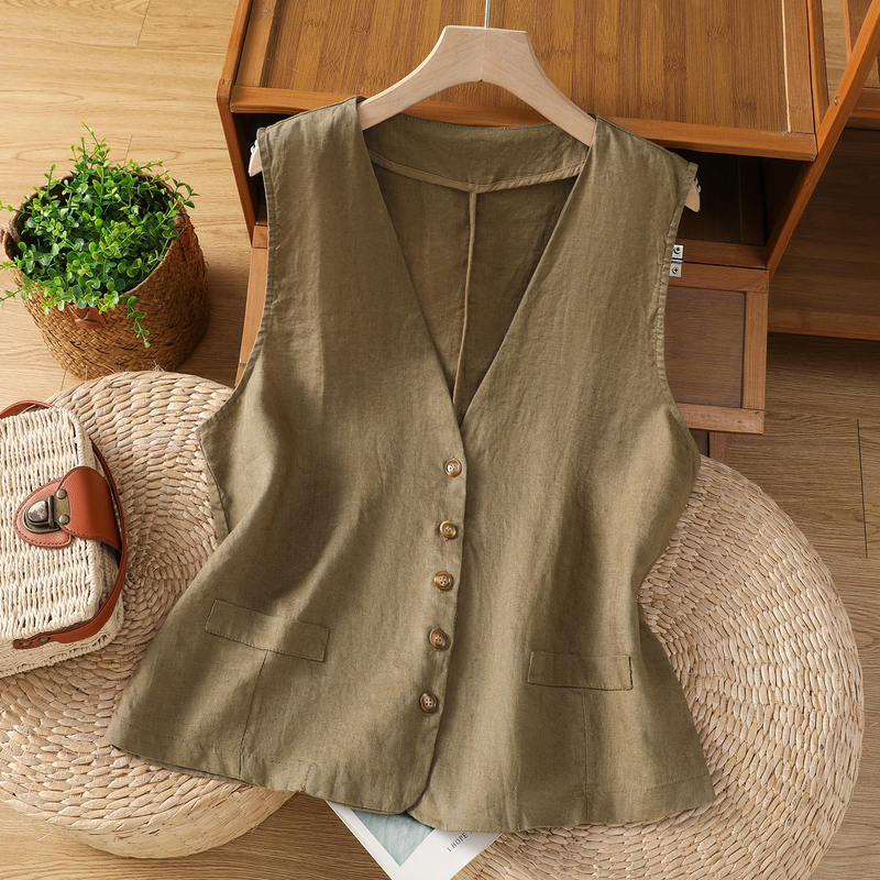 Cross-Border Export~Summer Retro Sand-Washed Cotton and Linen Sleeveless Vest for Women, Artistic Cardigan with Top and Waistcoat