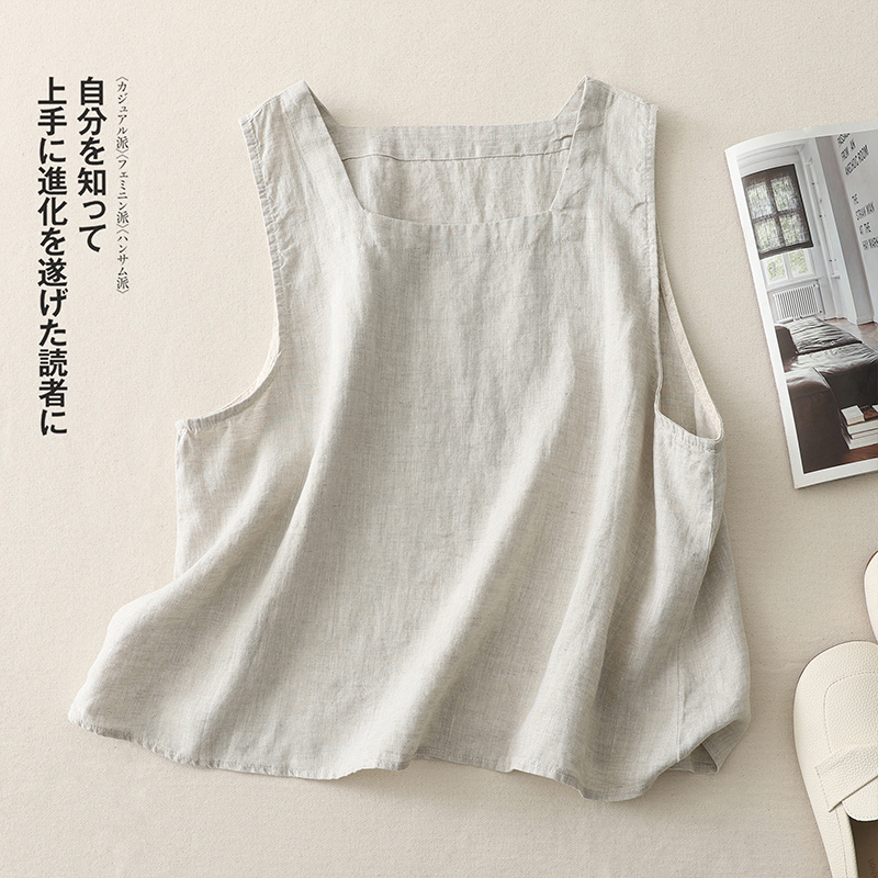 Foreign Trade Discount~Summer Retro Literary Cotton and Linen Square Collar Vest for Women, Loose Slimming Look Casual Baita Sleeveless Top Foreign Trade Discount~Summer Retro Literary Cotton and Linen Square Collar Vest for Women, Loose Slimming Look Casual Baita Sleeveless Top