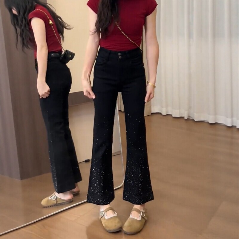 Black High-End Heavy-Duty Rhinestone Embellished Flared Jeans for Women, 2026 Spring New High-Waisted Slimming Cropped Flared Pants