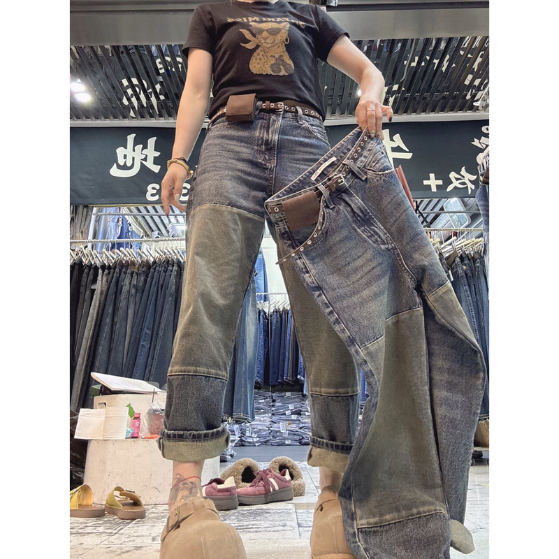 Autumn Color-Blocked High-Waisted Cropped Straight-Leg Jeans for Women, Pear-Shaped, Plus Size, Fashionable, Versatile, Slimming Baguette Pants