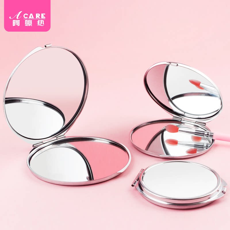 Ex-gratia Makeup Mirror Stainless Steel Magnifier Round Mirror Relief Makeup Cosmetic Mirror Small Portable Folding Bifacial Minima Mini