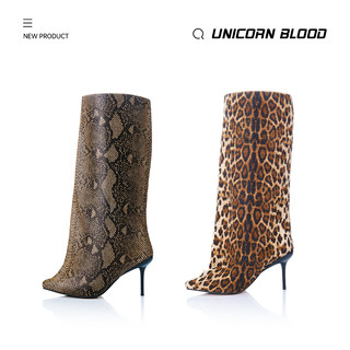 UnicornBlood 一体水桶裤管靴亮钻豹纹仿鳞蛇纹欧美秀款高跟靴