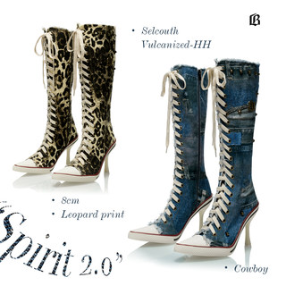 UnicornBlood破环风钉珠帆布高跟鞋 Gal系辣妹高帮及膝靴子女鞋靴