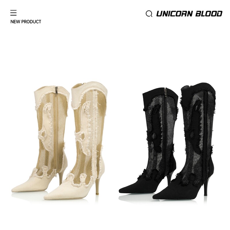 Unicornblood Starry Sky See-Through Mesh Structure Style High-Heeled Boots Retro Canvas Patchwork Pointed Toe Boots